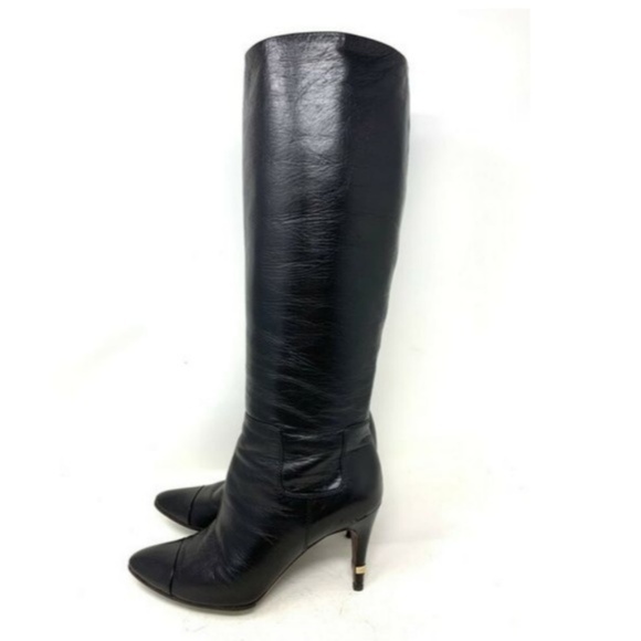 100% Auth CHANEL Logo Heels Leather Boots - Picture 4 of 8